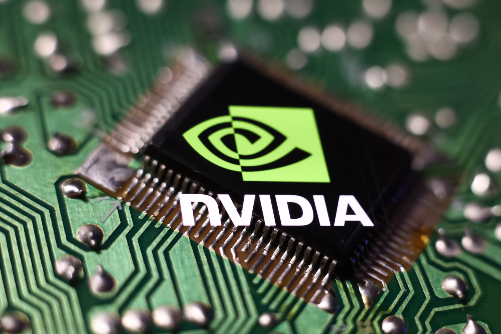 Close-up of an Nvidia microchip on a circuit board.