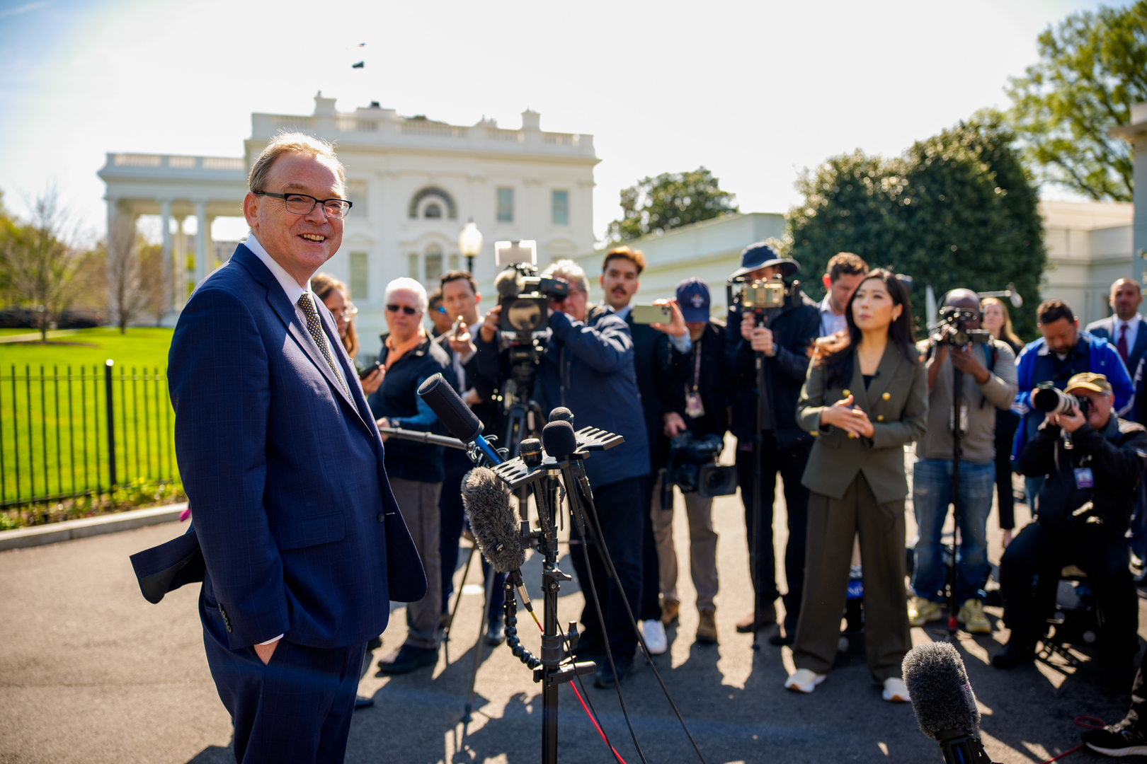 Kevin Hassett, Director of the National Economic Council, speaks to the press outside the White House.